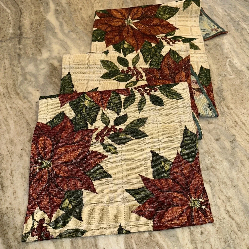 Christmas Table Runner Poinsettia Cream Brocade Tapestry 13